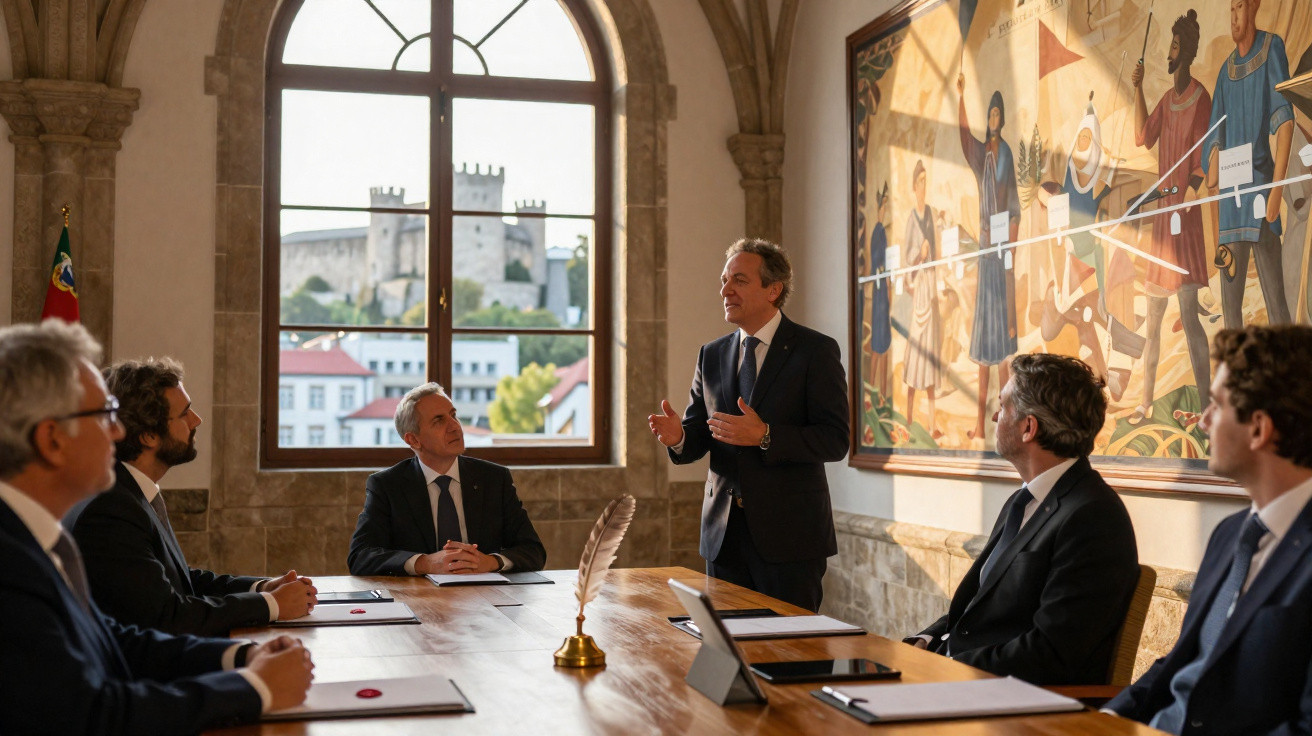 Reunião formal com cinco homens de fato sentados à mesa histórico com janela e pintura mural.