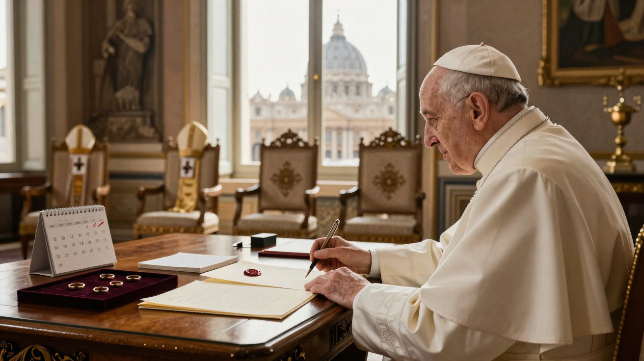 Papa Francisco sentado a uma mesa, escrevendo com a Basílica de São Pedro ao fundo, Vaticano.