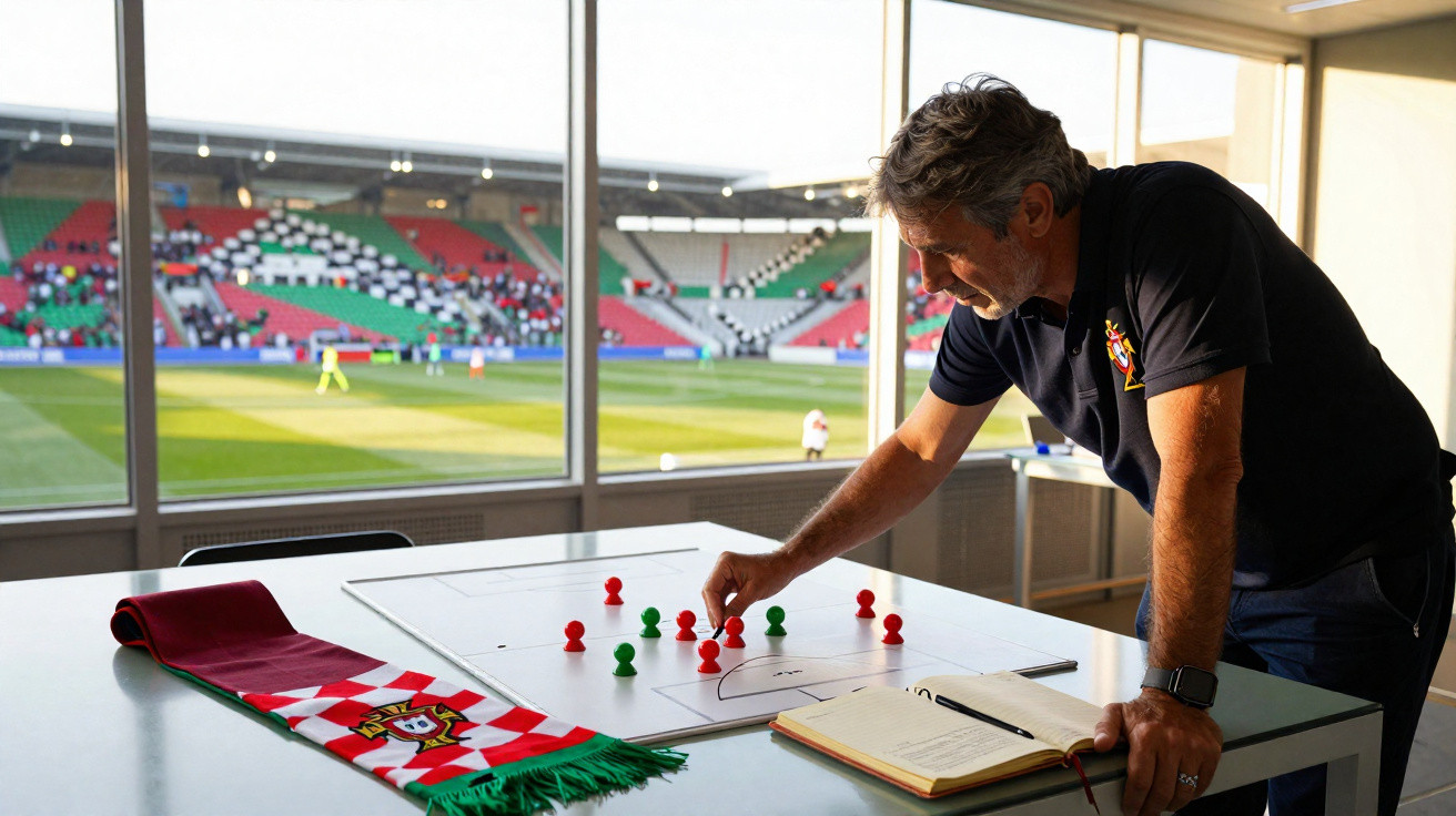 Homem a preparar estratégia de futebol com peças coloridas em tabuleiro, estádio ao fundo.