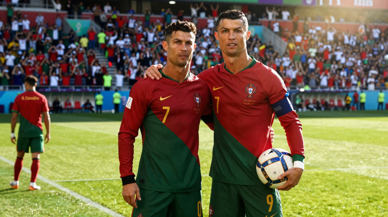 Dois jogadores de futebol portugueses com camisolas vermelhas e verdes posam no campo com público ao fundo.