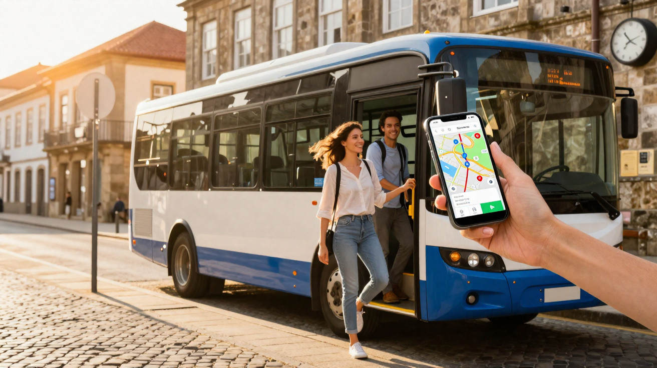 Pessoa a usar telemóvel com mapa e ônibus azul e branco numa paragem urbana com duas pessoas a sair do autocarro.