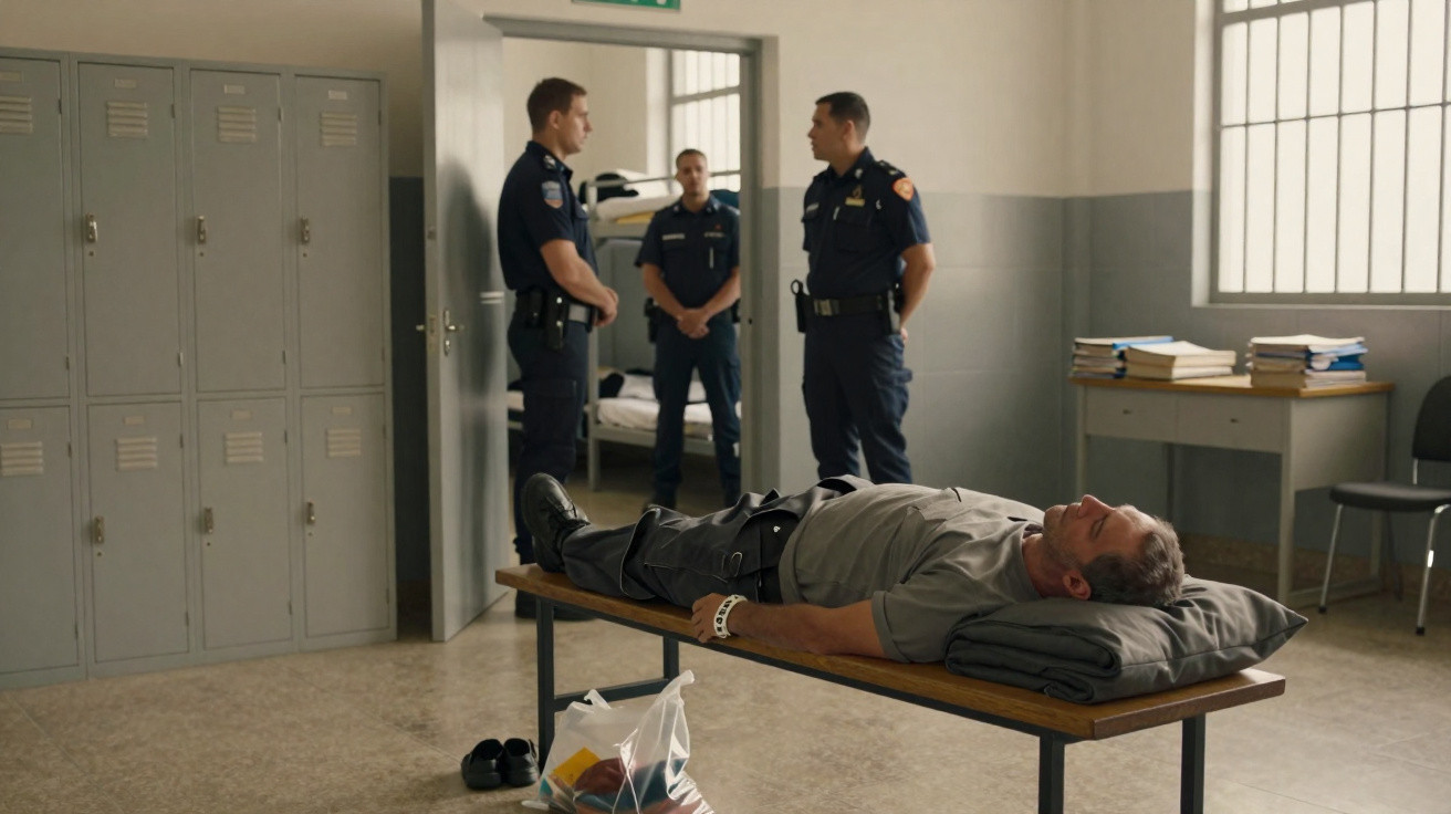 Homem algemado deitado numa cama dentro de uma cela, com três guardas prisionais a conversar ao fundo.