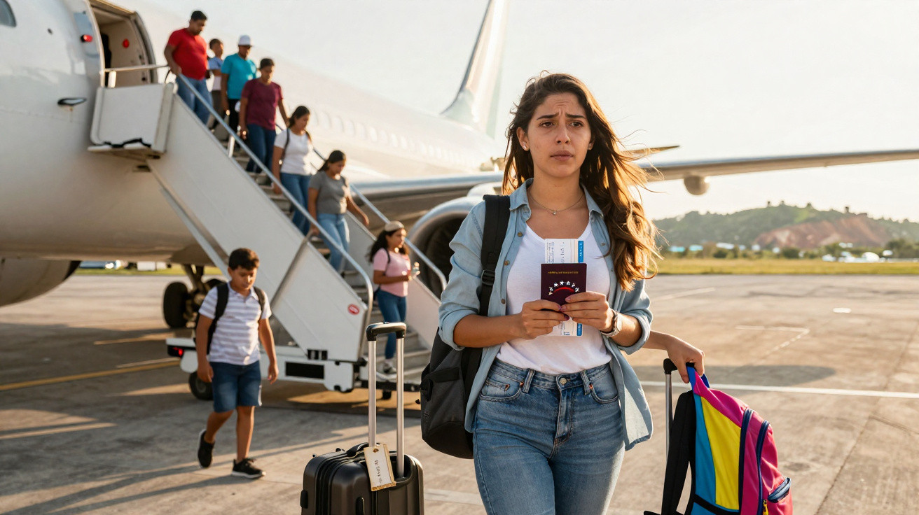 Mulher com mochila e bagagem na mão segura passaporte e bilhete perto de avião com passageiros a desembarcar.
