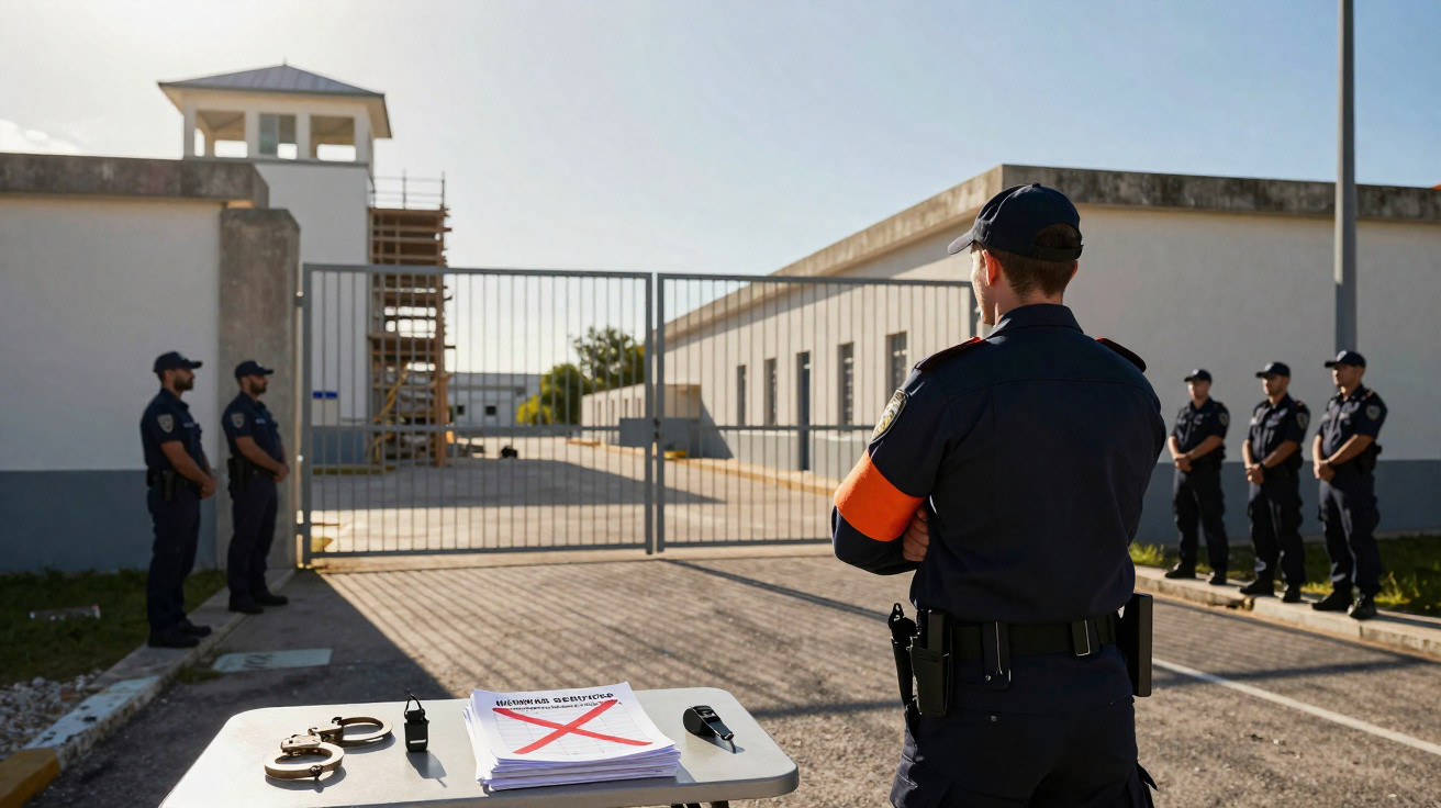 Polícia de guarda diante de portão fechado de estabelecimento prisional durante busca e vigilância.