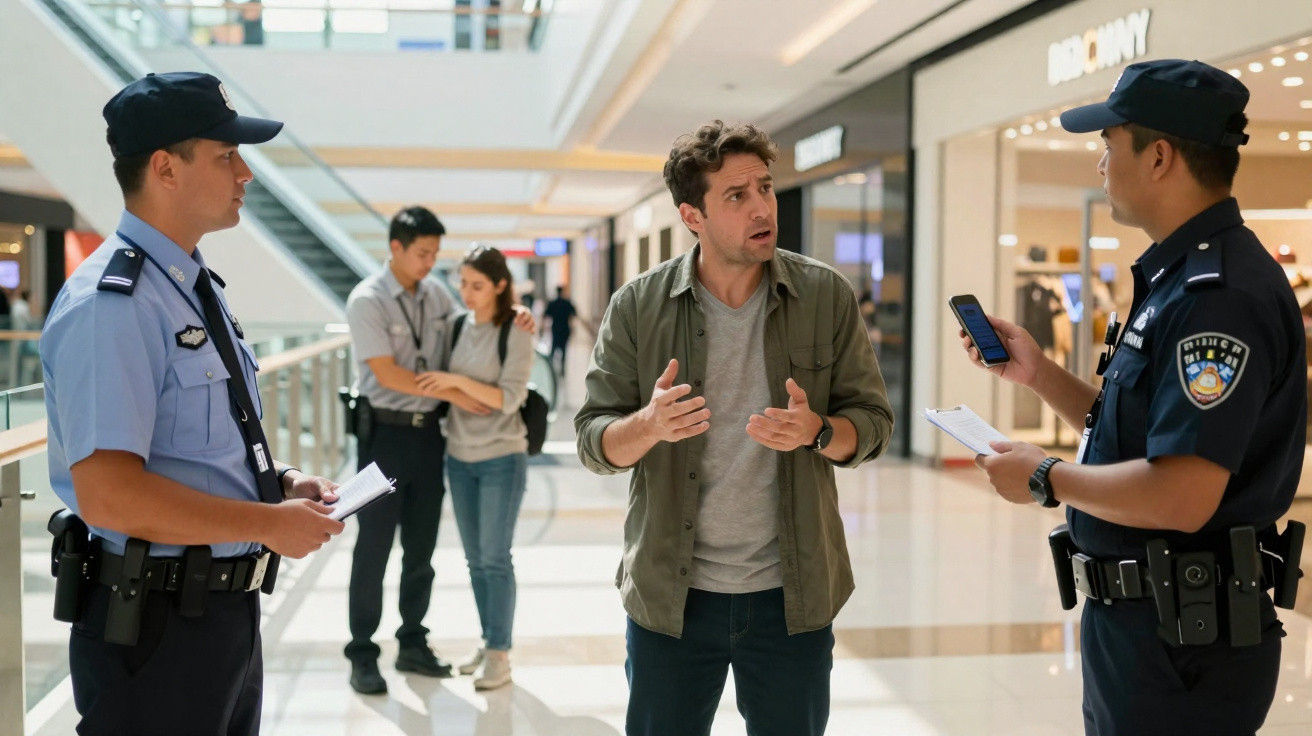 Homem gesticula enquanto dialoga com dois polícias em centro comercial, casal observa ao fundo.