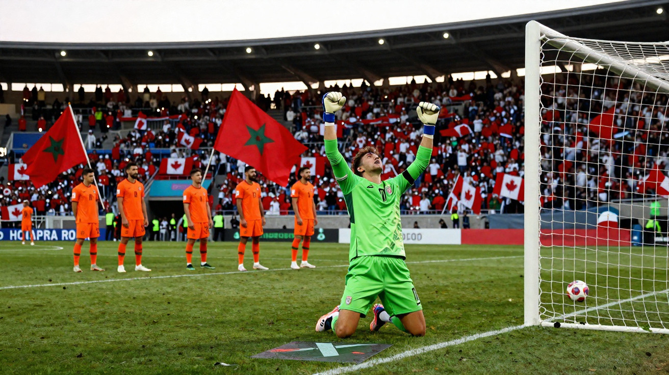 Guarda-redes de verde ajoelhado e jogadores com camisolas laranja em campo de futebol com bandeiras do Marrocos e Canadá na b
