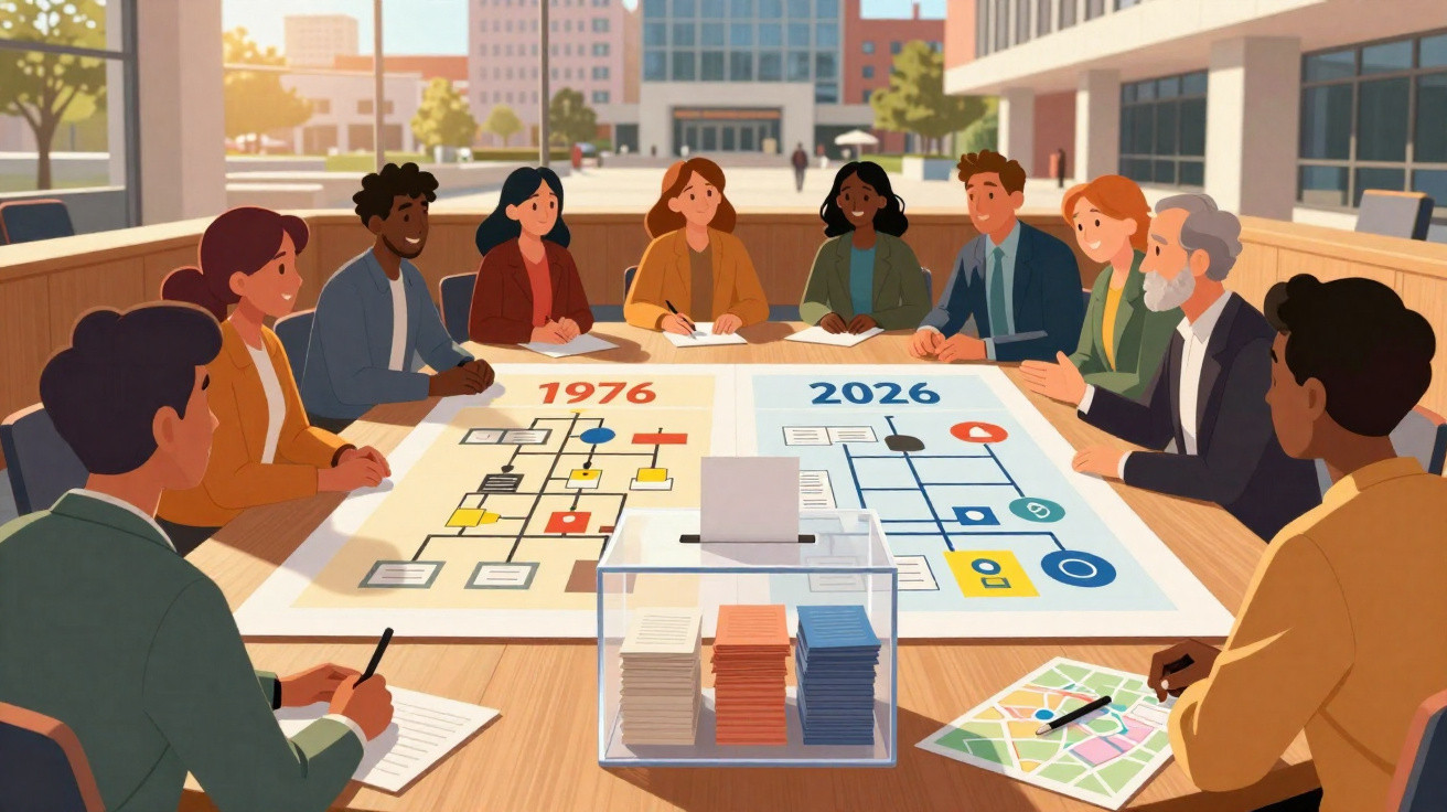 Grupo multicultural de pessoas reunidas à volta de uma mesa a discutir mapas e planos de 1976 e 2026.