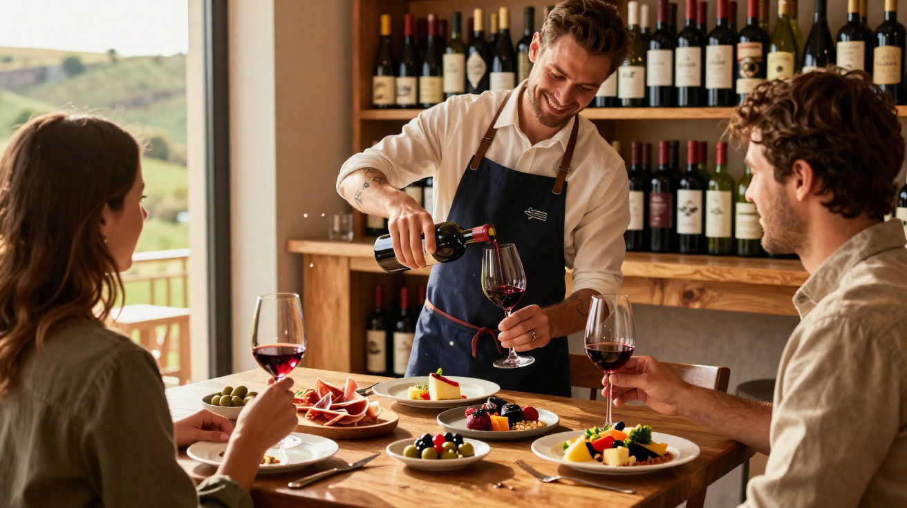 Sommelier a servir vinho tinto para um casal enquanto desfrutam de petiscos numa mesa rústica.