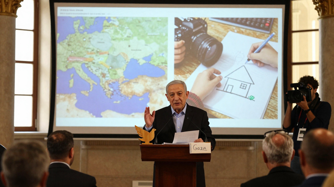 Homem de fato a discursar num púlpito em frente a uma audiência, com mapas e desenho projetados atrás.
