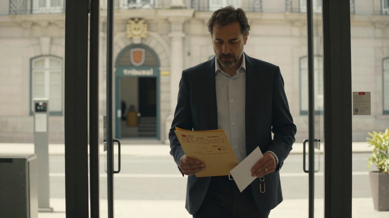 Homem de fato lê documentos à entrada de edifício com placas que indicam tribunal.