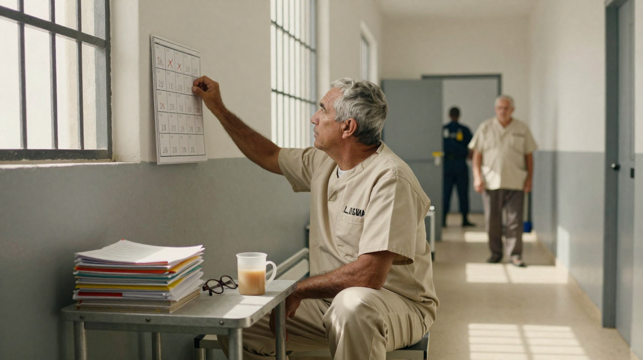 Homens idosos em uniforme bege são observados por guardas em cela enquanto um marca datas num calendário na parede.