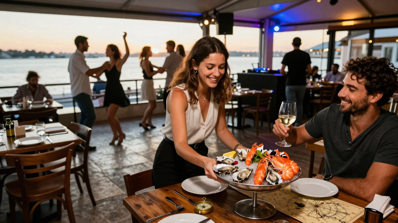 Casal a brindar num restaurante junto ao rio, com camarão e ostras servidos numa mesa de madeira.