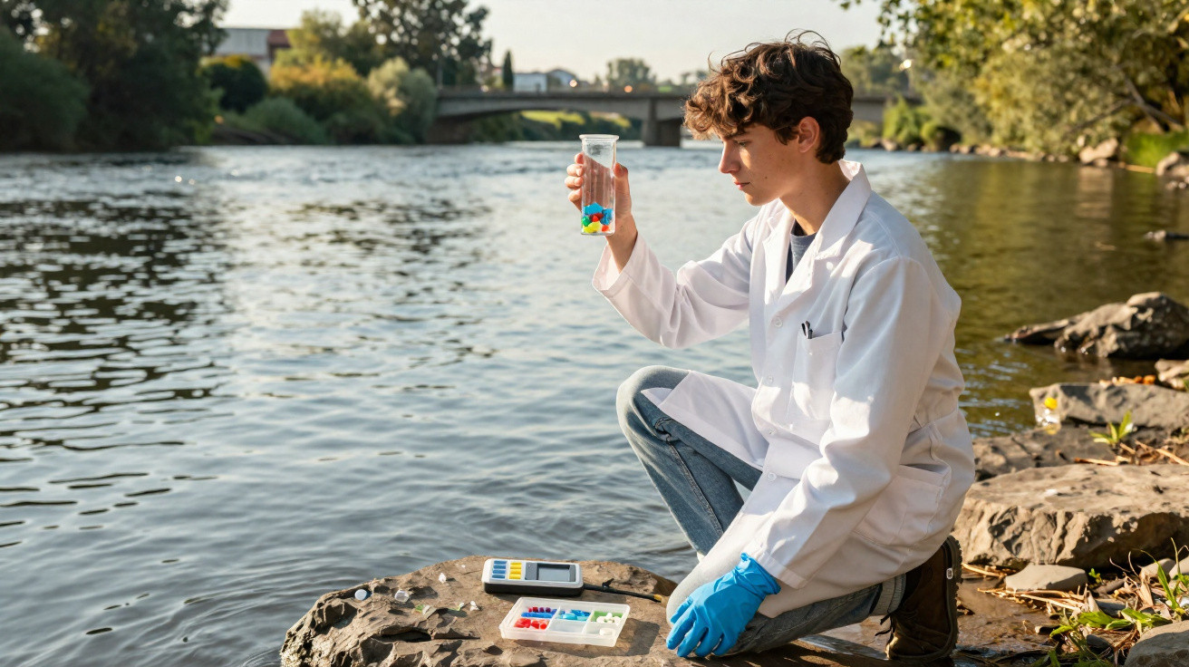 Jovem cientista com bata branca analisa amostra de água junto a rio, usando luvas azuis e material de laboratório.