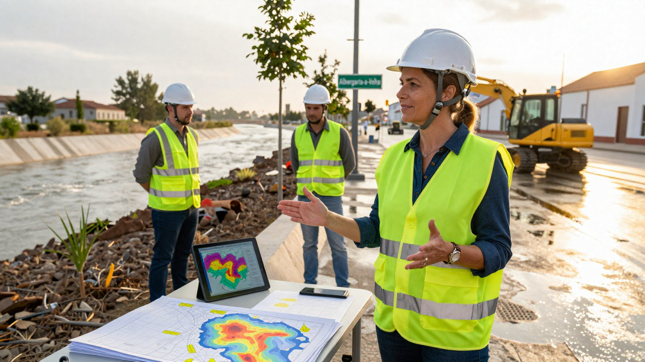 Engenheira com colete e capacete explica projeto de canalização a dois técnicos em zona urbana.