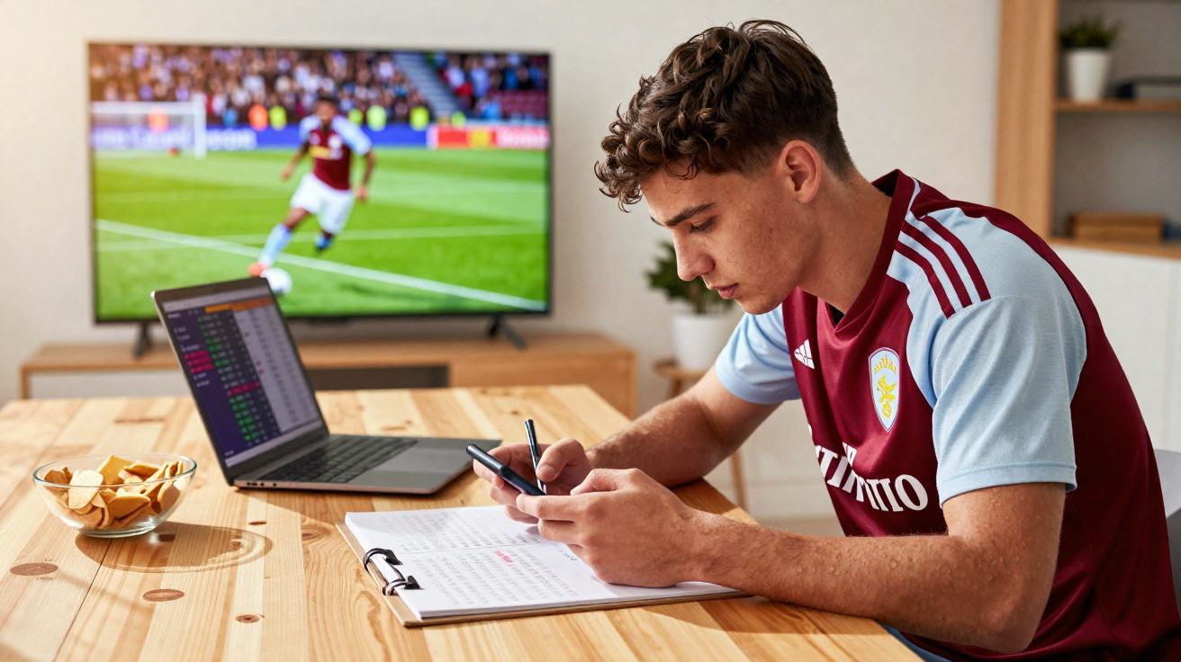 Jovem com camisola de futebol estuda e faz anotações numa mesa com computador e bola de futebol no ecrã da televisão.