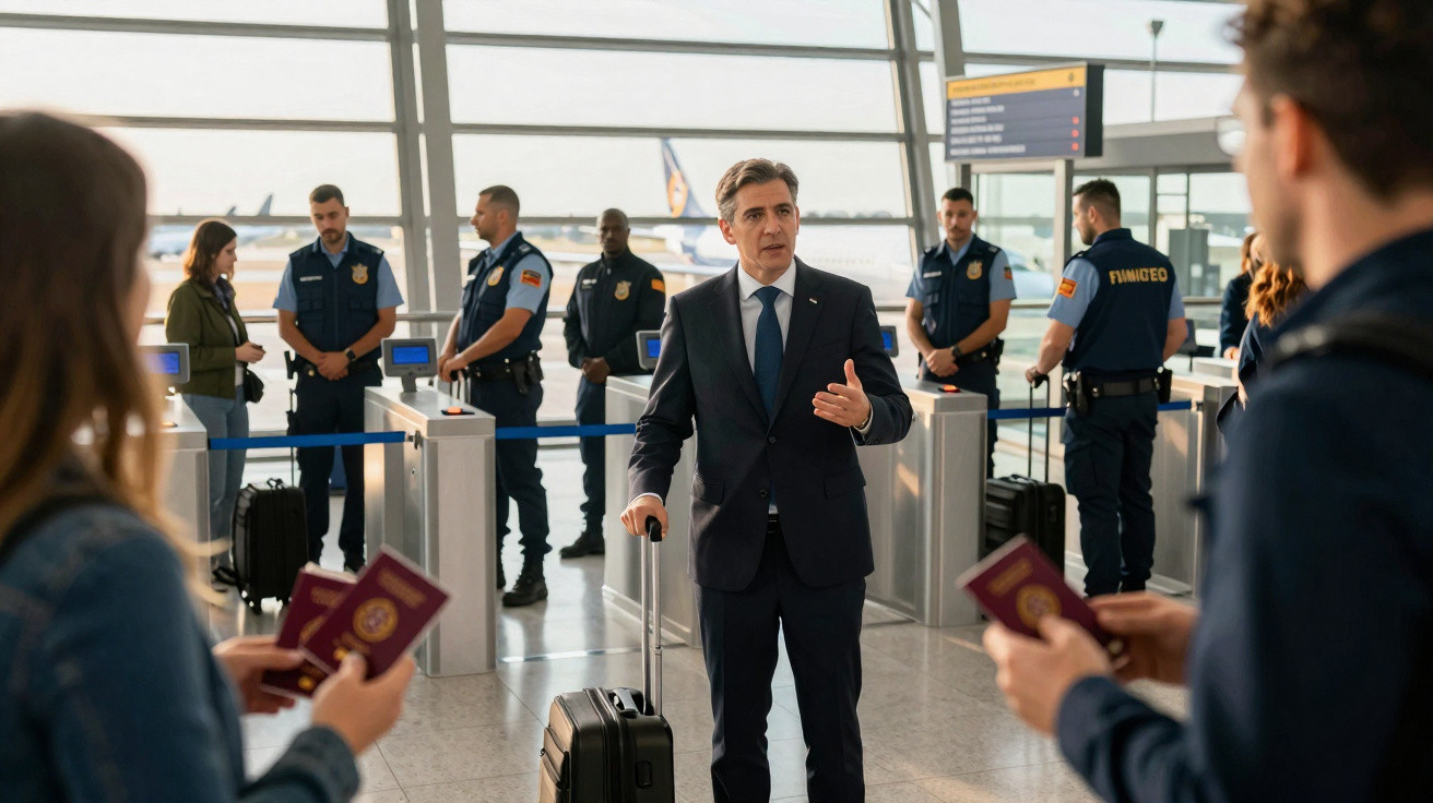Homem de fato fala a passageiros com passaportes na mão, enquanto agentes de segurança estão alinhados num aeroporto.