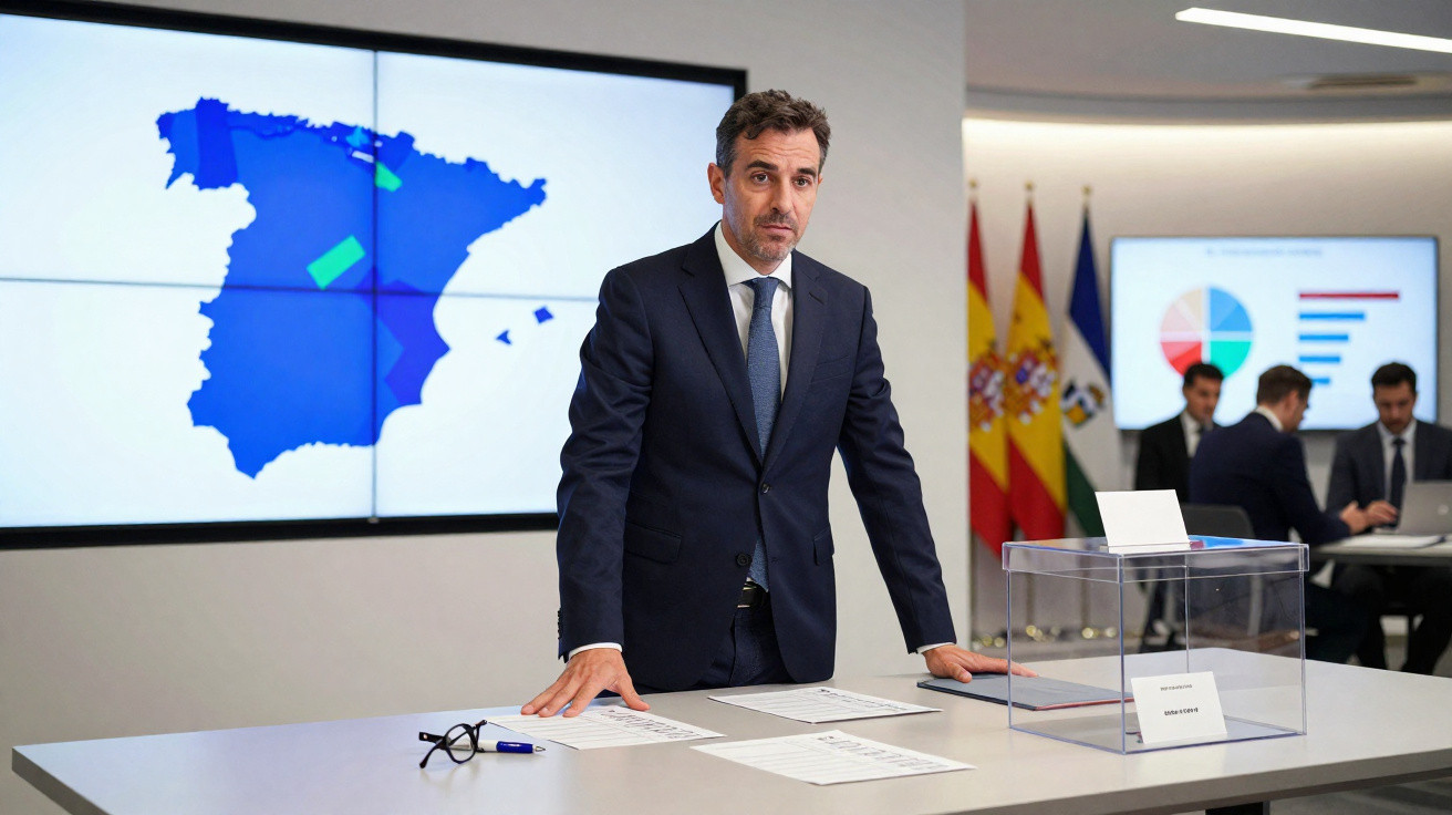 Homem em fato apresenta dados eleitorais de Espanha com mapa projetado e várias pessoas sentadas ao fundo.