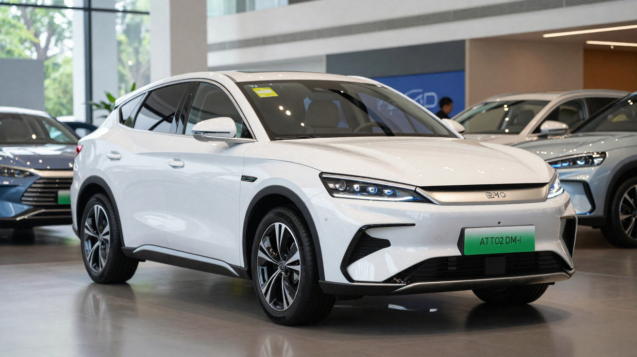 Carro elétrico branco BYD Atto 2 DM-i exposto em salão automóvel moderno.