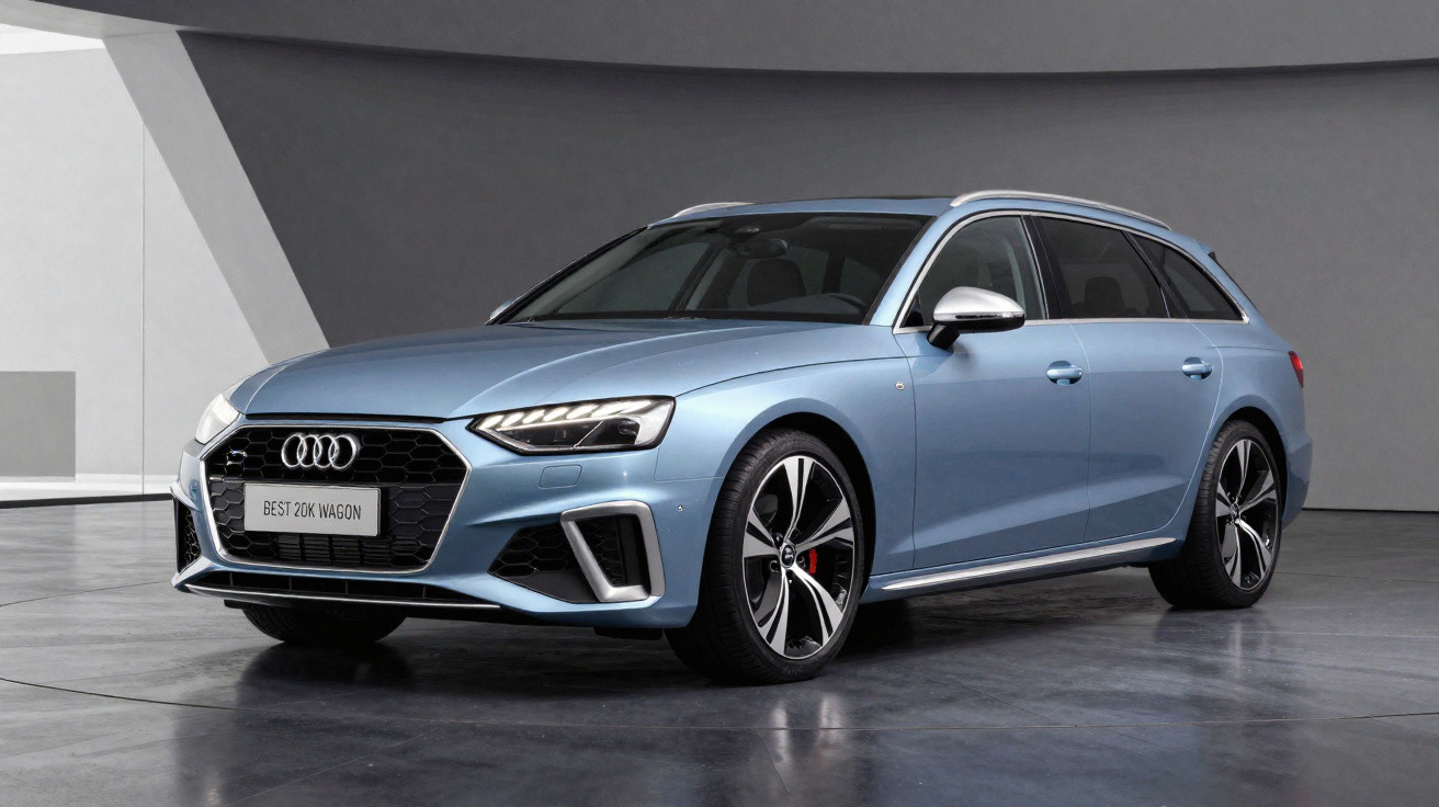 Carrinha Audi azul metálico com design moderno estacionada em piso interior de exposição.