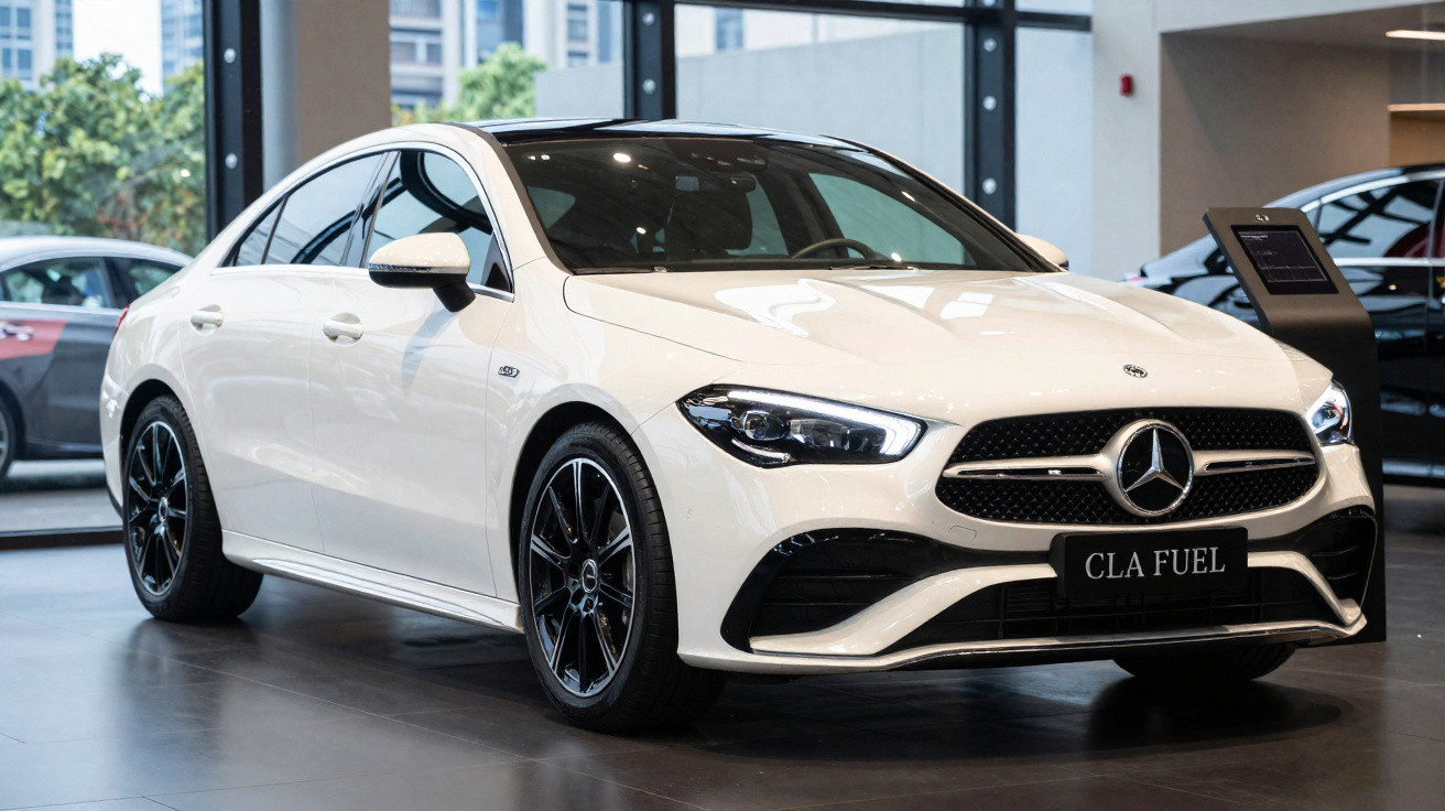 Carro Mercedes-Benz branco modelo CLA Fuel, estacionado em showroom moderno com piso cinza.