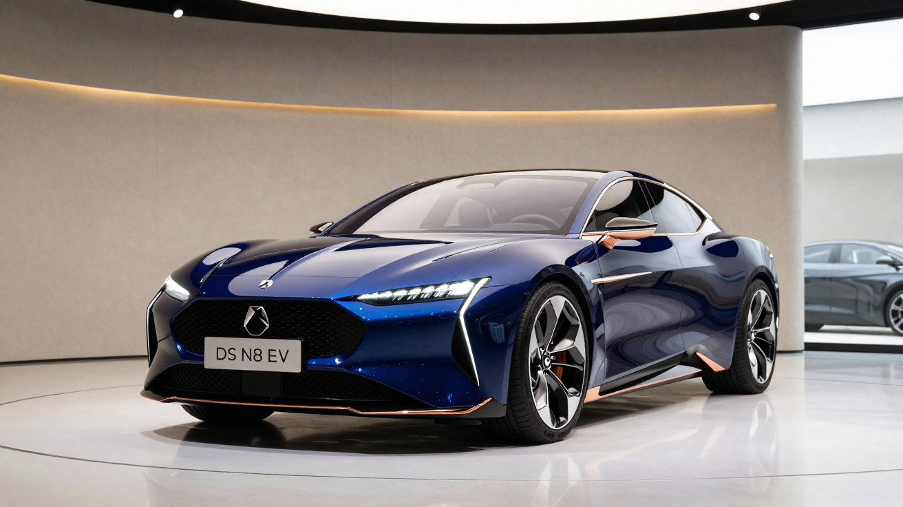 Carro elétrico desportivo DS N8 EV azul escuro num espaço interior moderno e minimalista.