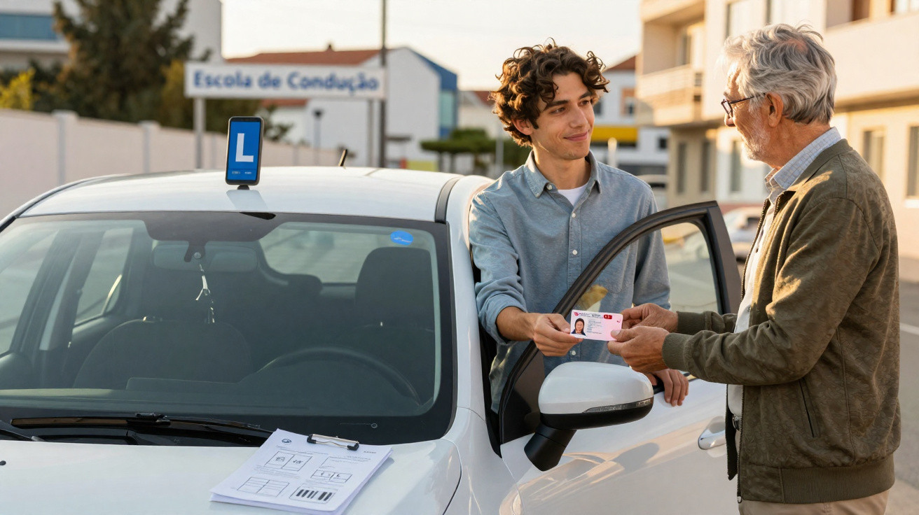 Jovem recebe carta de condução de instrutor junto a carro de escola de condução com placa de aprendiz.