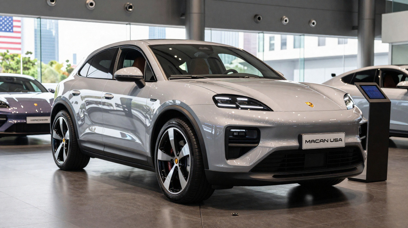 Carro desportivo Porsche Macan cinzento exposto em salão de automóveis moderno.