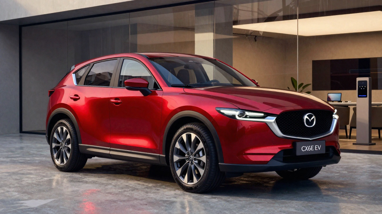Carro elétrico Mazda CX-6E EV vermelho estacionado em espaço interior moderno com carregador elétrico.