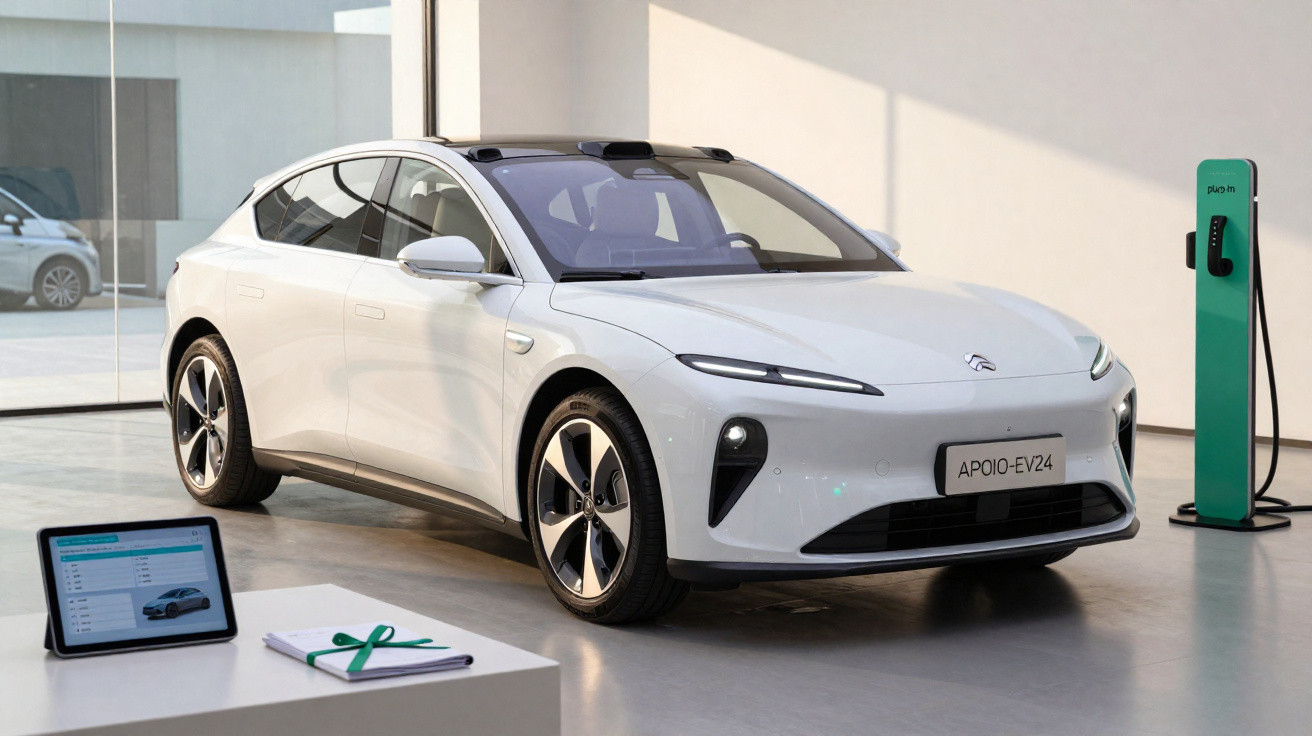 Carro elétrico branco futurista numa sala de exposições moderna com tablet e documentos numa mesa branca.