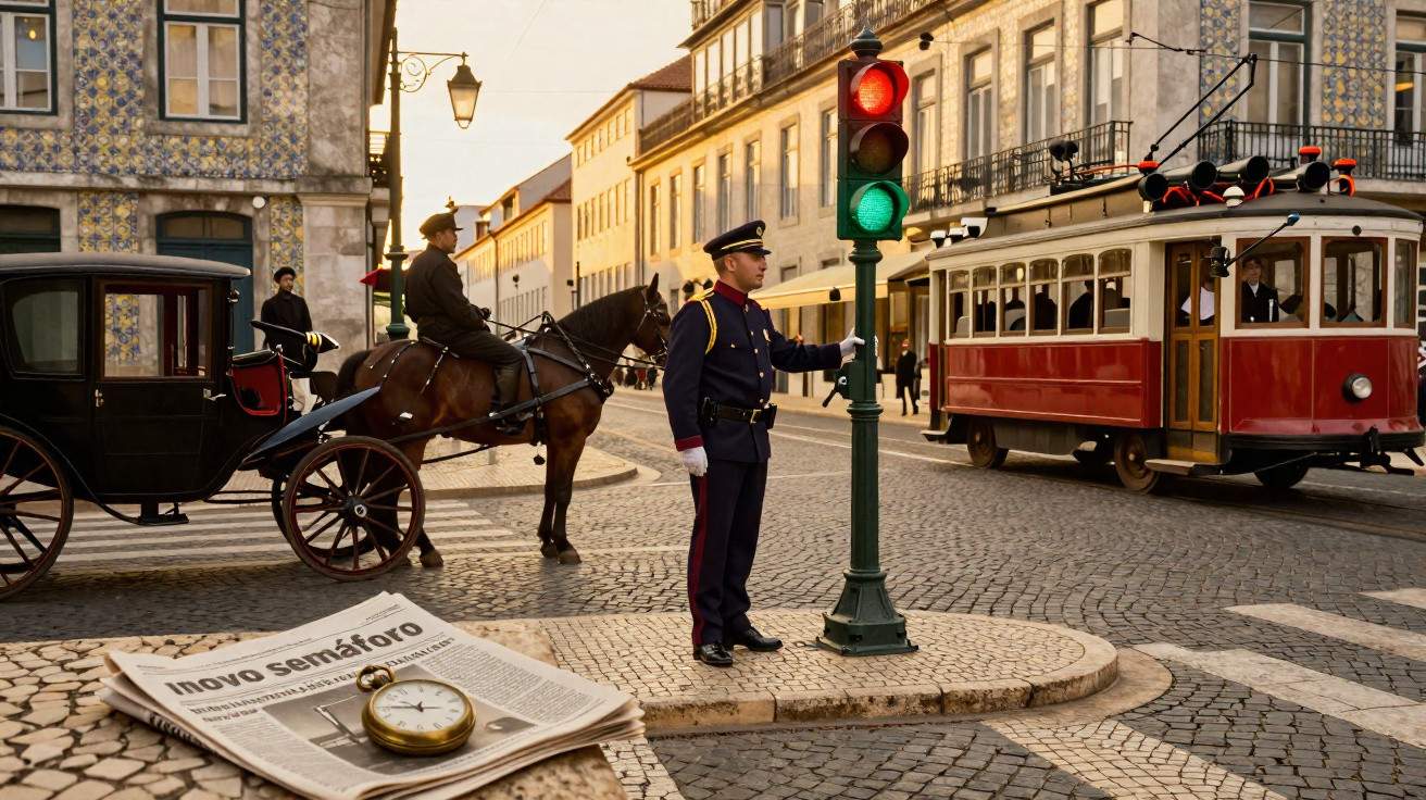 Polícia uniformizado a operar semáforo antigo num cruzamento com elétrico e carruagem a cavalo.