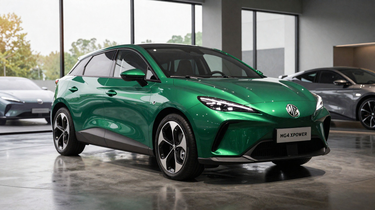 Carro elétrico MG4 XPOWER verde exibido em showroom com iluminação natural ao fundo.