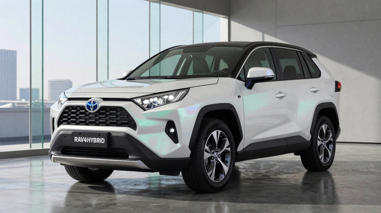 SUV Toyota RAV4 híbrido branco exibido numa sala de exposição moderna com janelas grandes.
