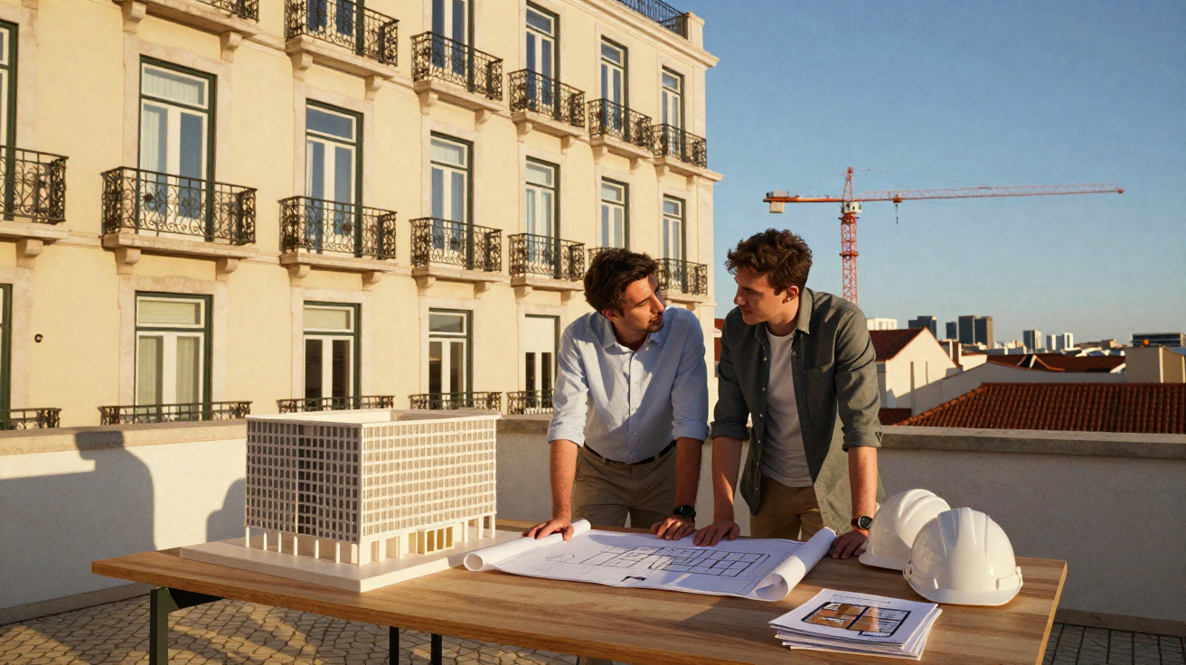 Dois arquitetos analisam planta de construção numa mesa com capacetes e modelo de edifício numa varanda ao pôr do sol.