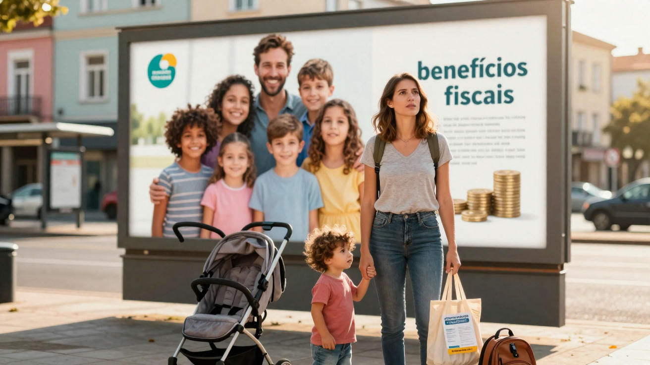 Mulher com criança de mão, carrinho e anúncio sobre benefícios fiscais para famílias numerosas ao fundo.