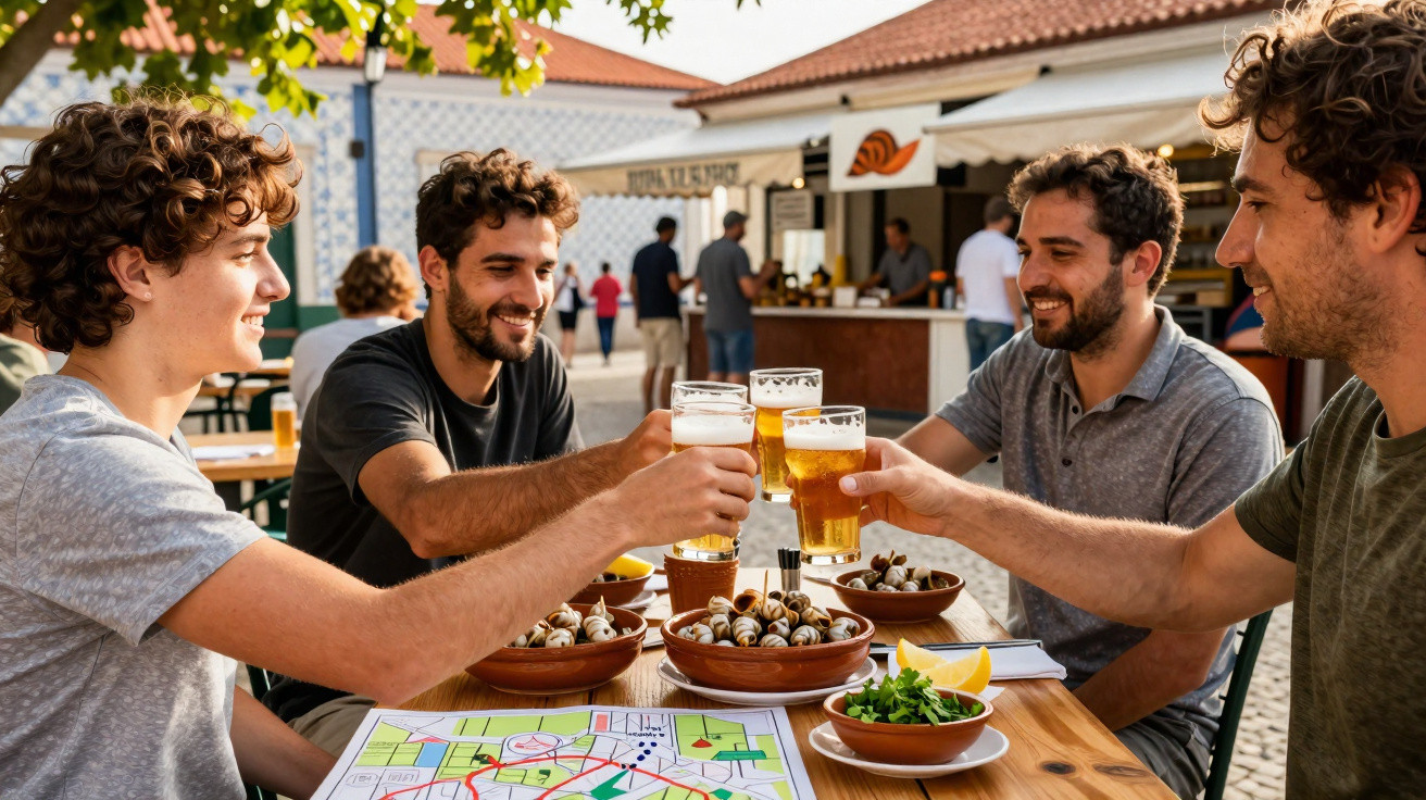Grupo de cinco amigos a brindar com cerveja numa esplanada típica com petiscos numa rua com azulejos.