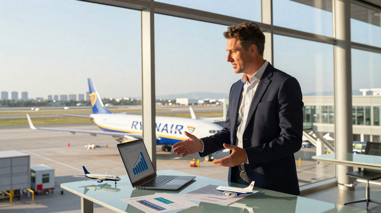 Homem de negócios junto a mesa com laptop e maquete de avião, em aeroporto com avião Ryanair ao fundo.