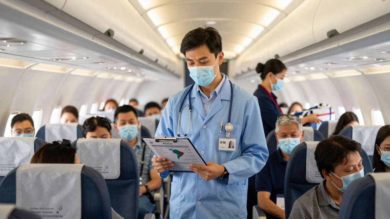 Médico com bata azul consulta passageiros de avião que usam máscaras, em interior de cabine aérea.