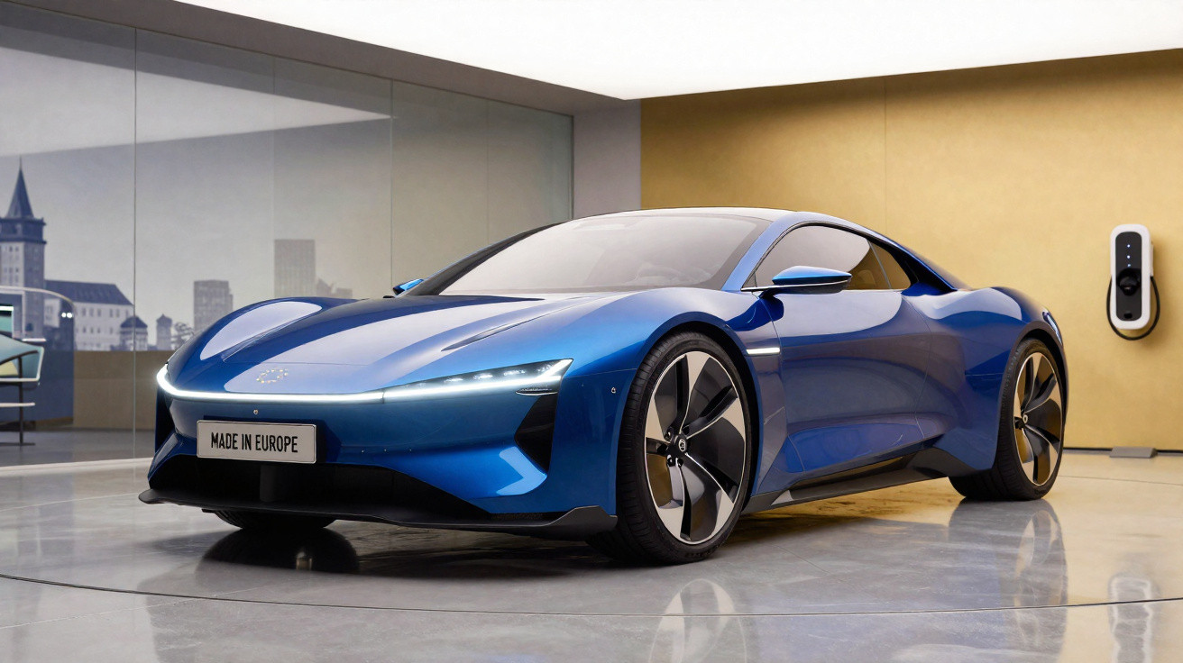 Carro desportivo elétrico azul polido numa garagem moderna com parede de vidro e estação de carregamento.