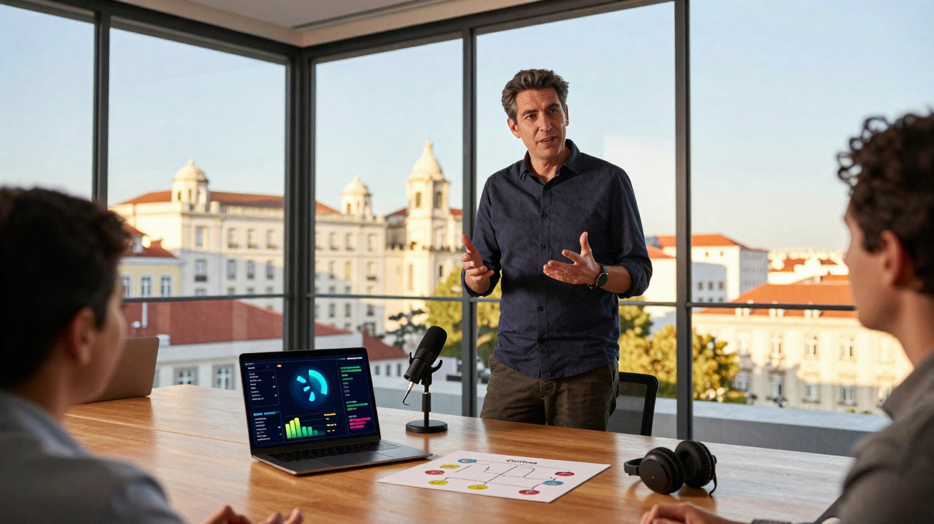 Homem a apresentar dados num laptop para dois colegas numa sala de reunião com vista urbana ampla.