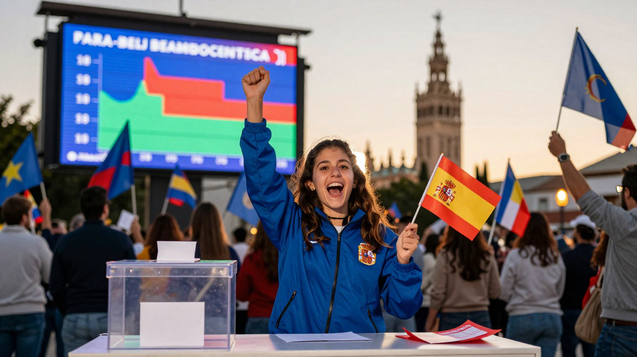 Jovem sorridente com bandeiras de Espanha acompanha resultado eleitoral num ecrã gigante ao ar livre.
