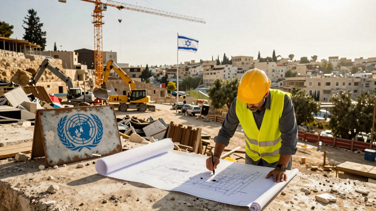 Engenheiro com capacete e colete reflete em planta num estaleiro da UNRWA com bandeira de Israel ao fundo.