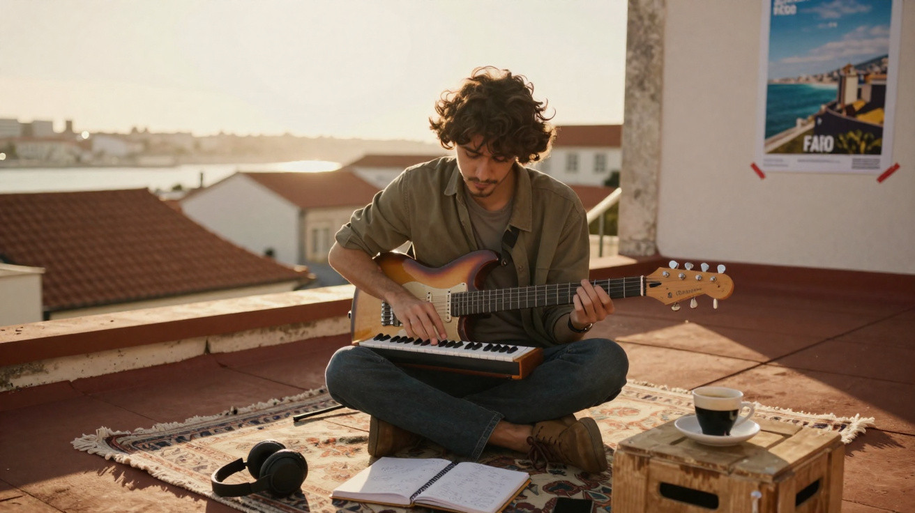 Pessoa sentada ao ar livre a tocar guitarra, com caderno aberto, auscultadores e chá numa mesa pequena.