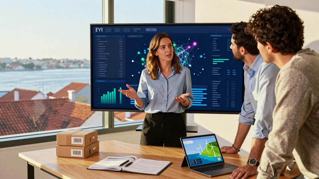 Reunião de trabalho com apresentação de dados digitais numa sala com vista para o rio.