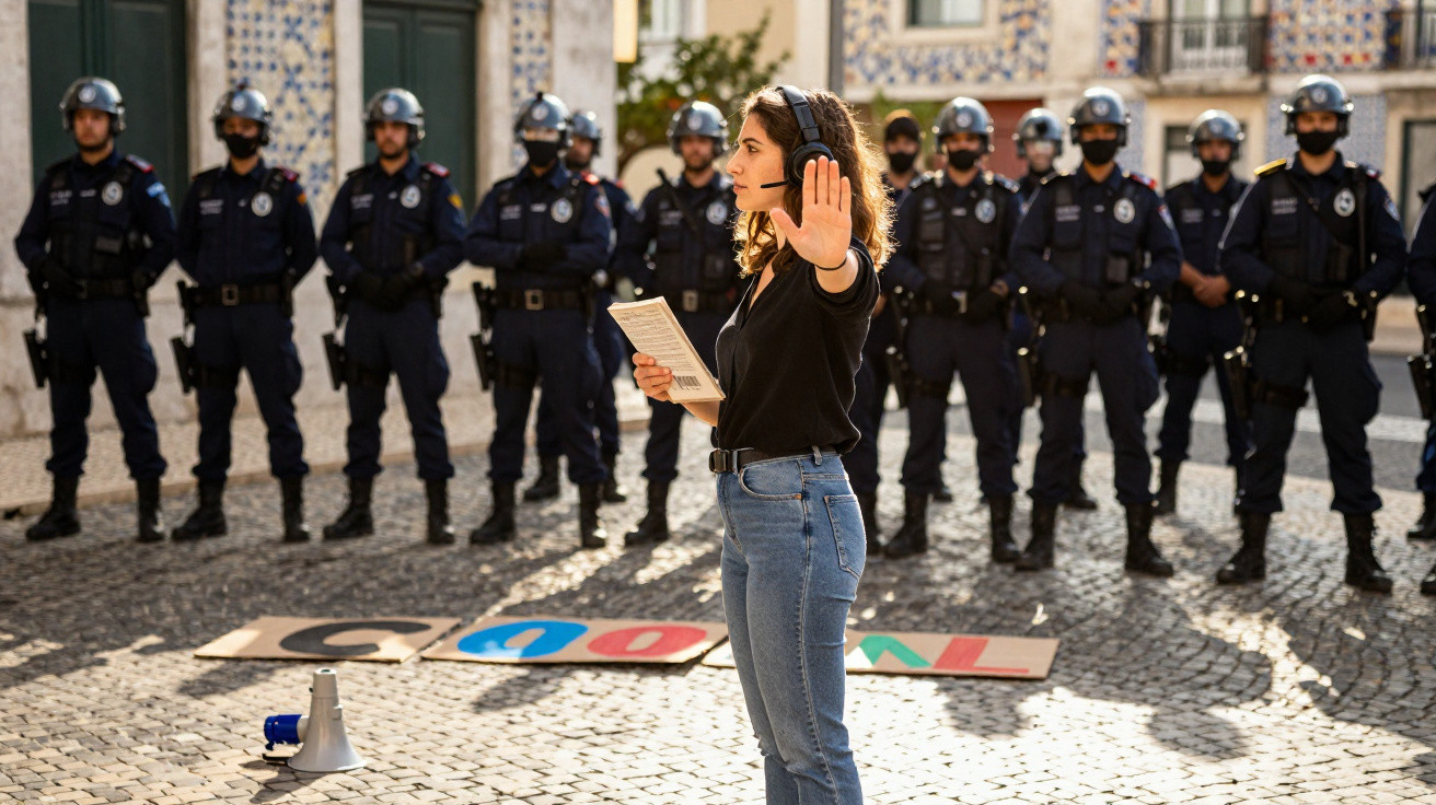 Mulher de pé, de perfil, com mão levantada perante linha de polícias antimotim numa rua de calçada.