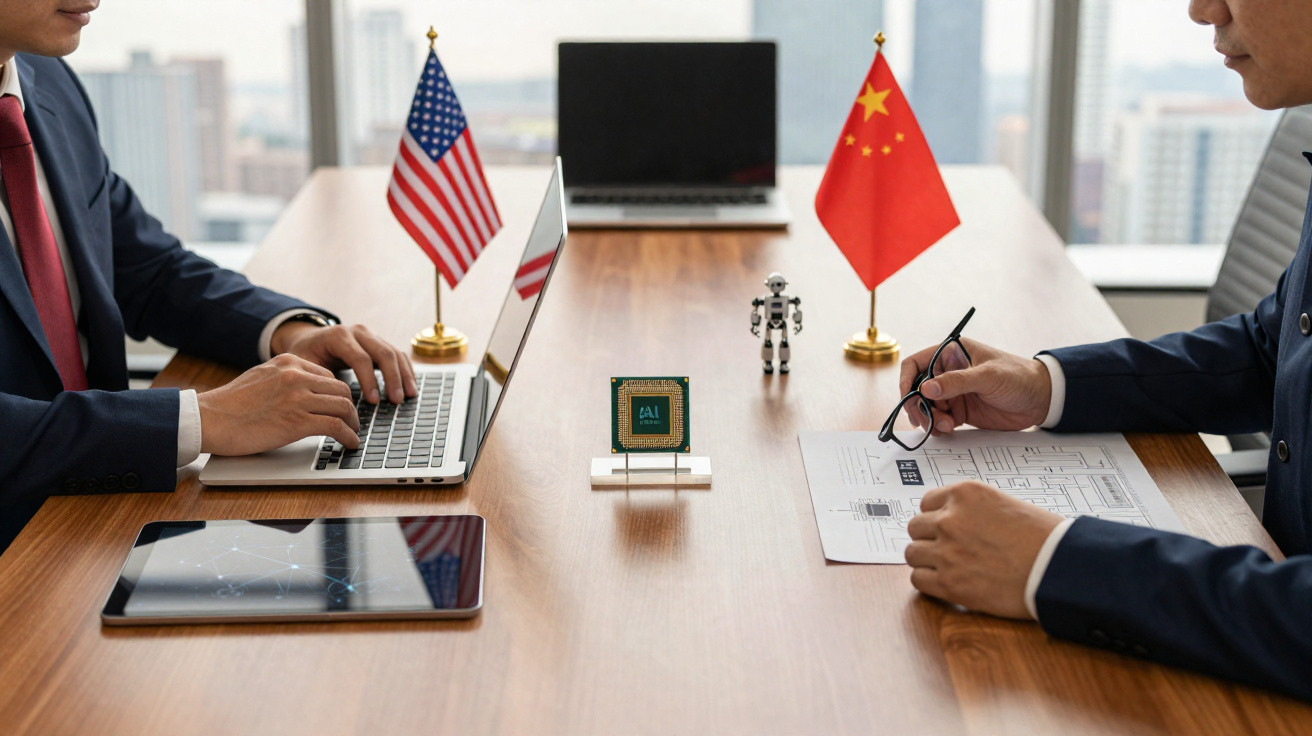 Duas pessoas em reunião com bandeiras dos EUA e China, discutindo tecnologia, com tablet, laptop e desenhos técnicos na mesa.