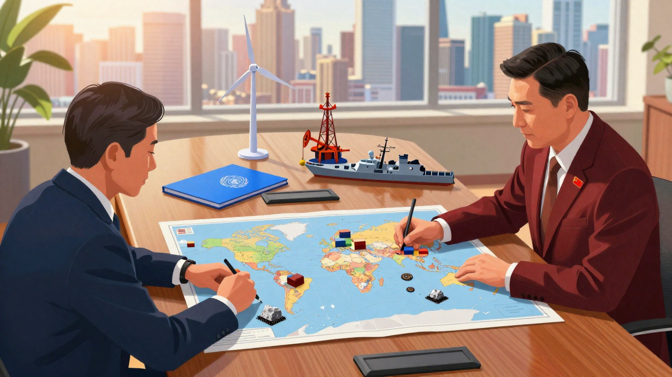 Dois homens em fato sentados à mesa, analisando mapa-múndi com modelos de turbina eólica, plataforma petrolífera e navios.