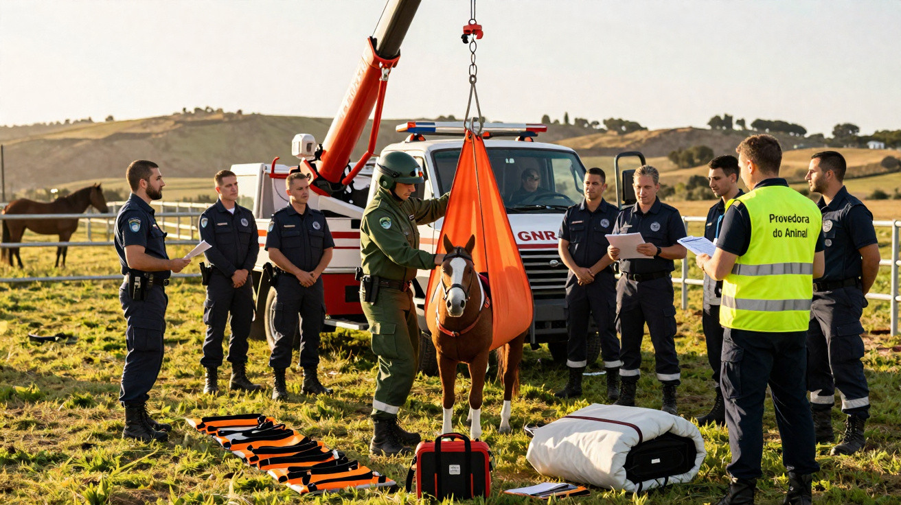 Equipa de resgate prepara cavalo para transporte com arnês laranja num campo com veículo de emergência ao fundo.