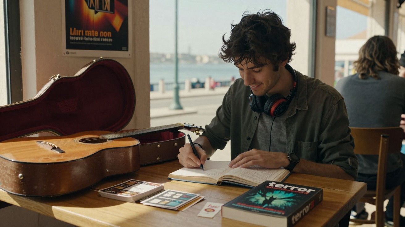 Jovem com auscultadores lê livro numa mesa de café junto ao mar, com guitarra aberta e livros ao lado.