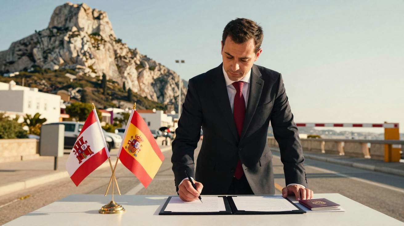 Homem de fato assina documento numa mesa com bandeiras de Espanha e Gibraltar ao ar livre.