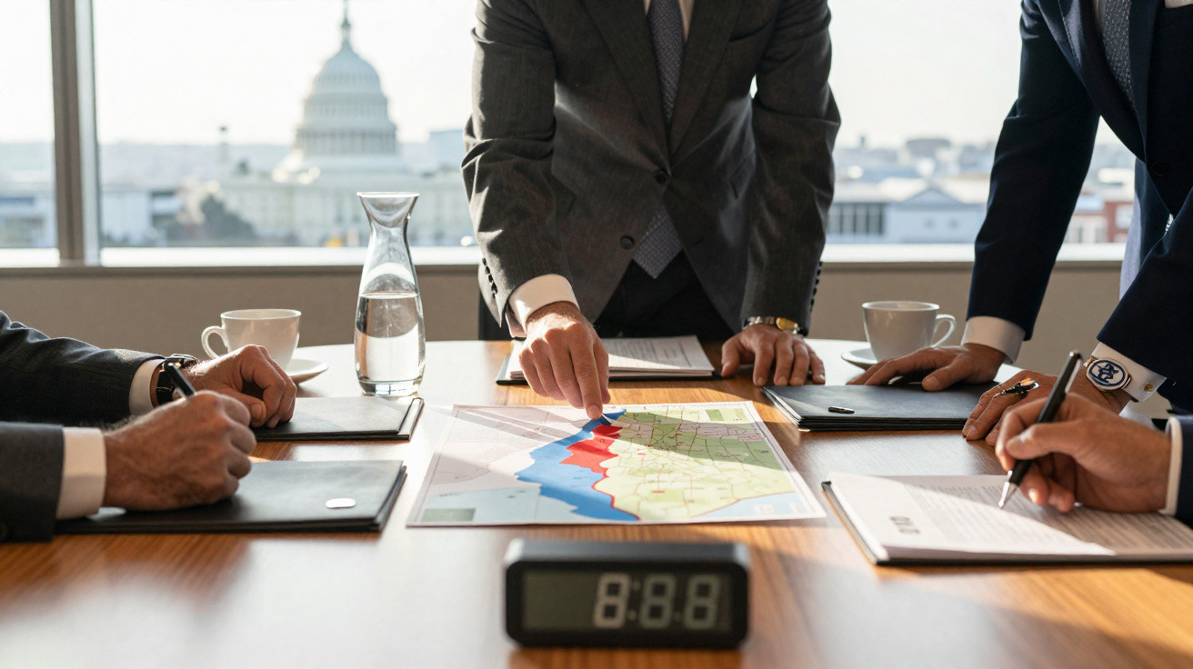 Reunião de pessoas a apontar mapas e anotar informações numa mesa com vista para o Capitólio, Washington D.C.